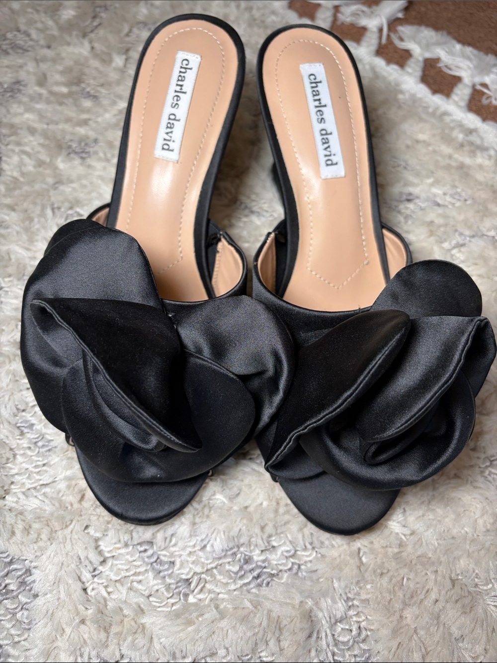Charles David Black Satin Floral Petal Slide Mules